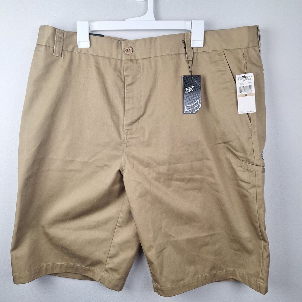 New w/ Tags Men's Fox Racing Essex Khaki Regular Fit Flat-Front Shorts Size 42W